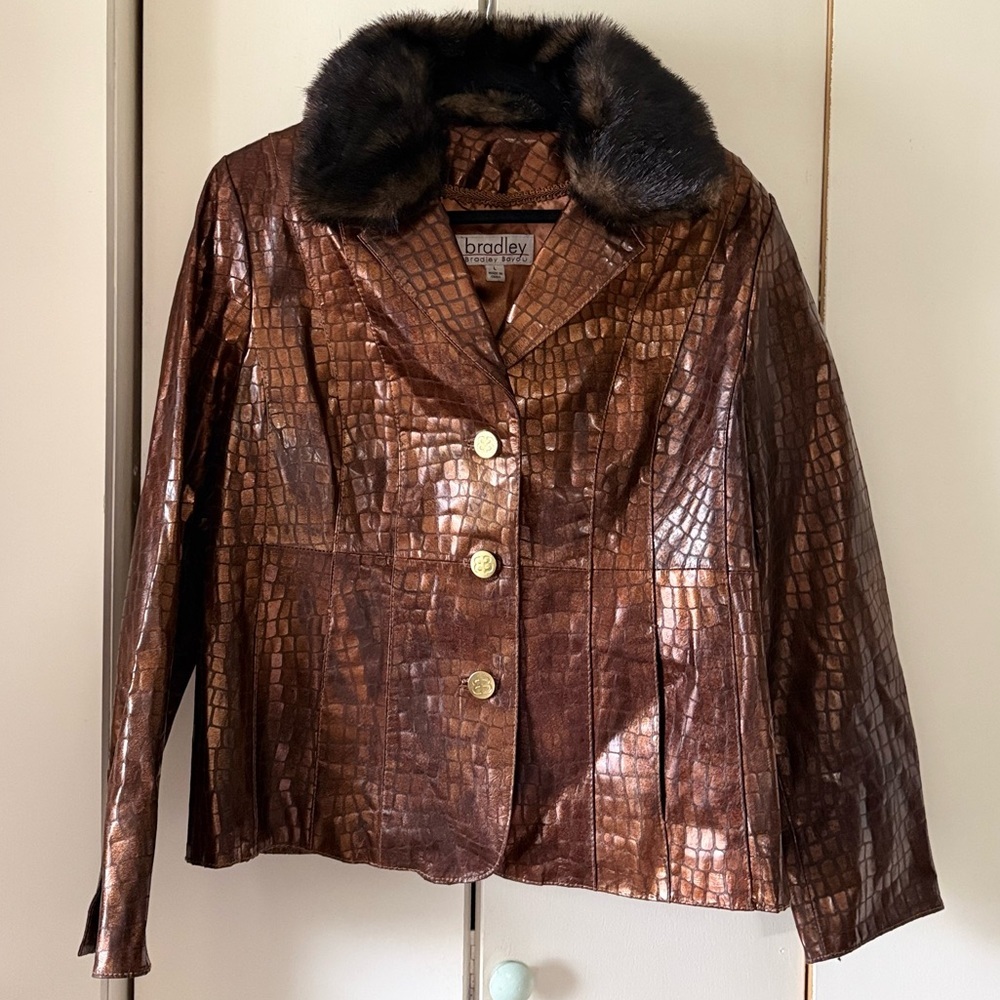 Vintage Stunning Bradley Bayou Brown Croc 100% Leather Jacket w Faux Fur Collar